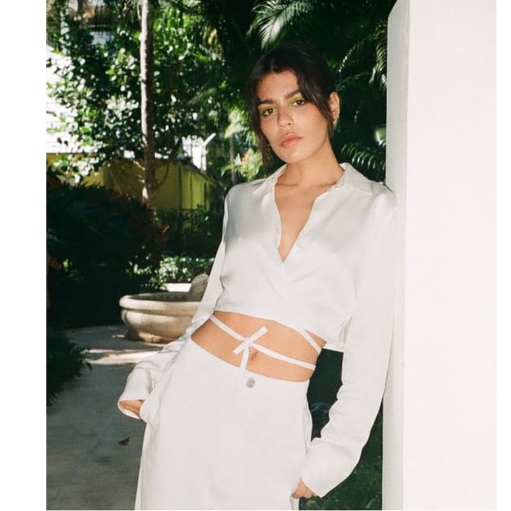 NWT Zara x Jen Ceballos Satin Effect Crop Tie Shirt White